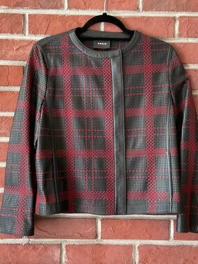 NWOT Akris Perforated Black Leather Woven Red Silk Details Jacket Size US 8 IT44